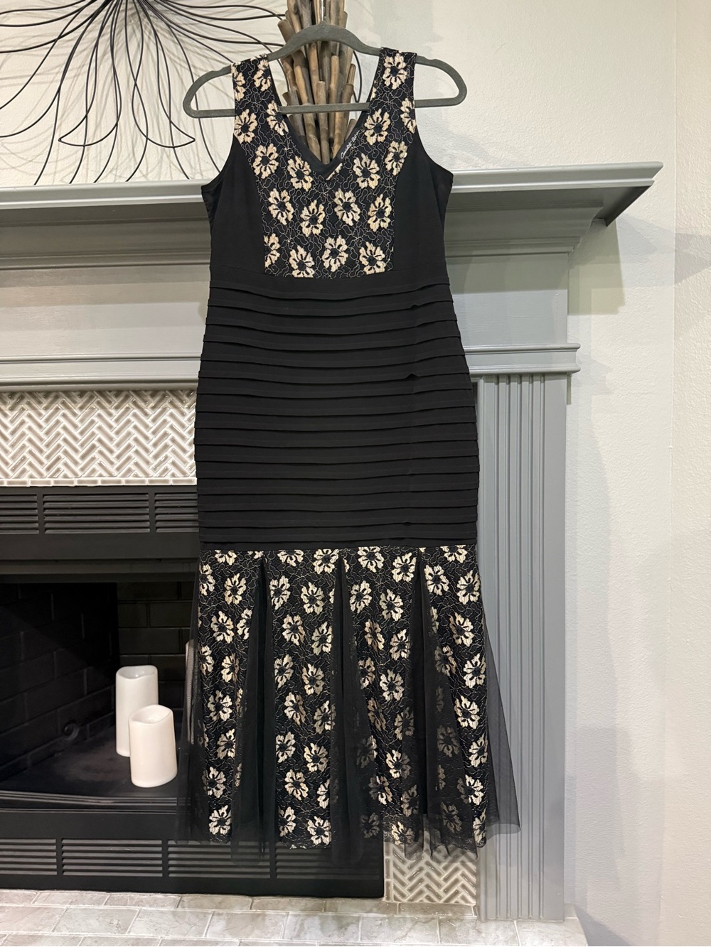Black Midi Dress with Cream Floral Lace V-Neck